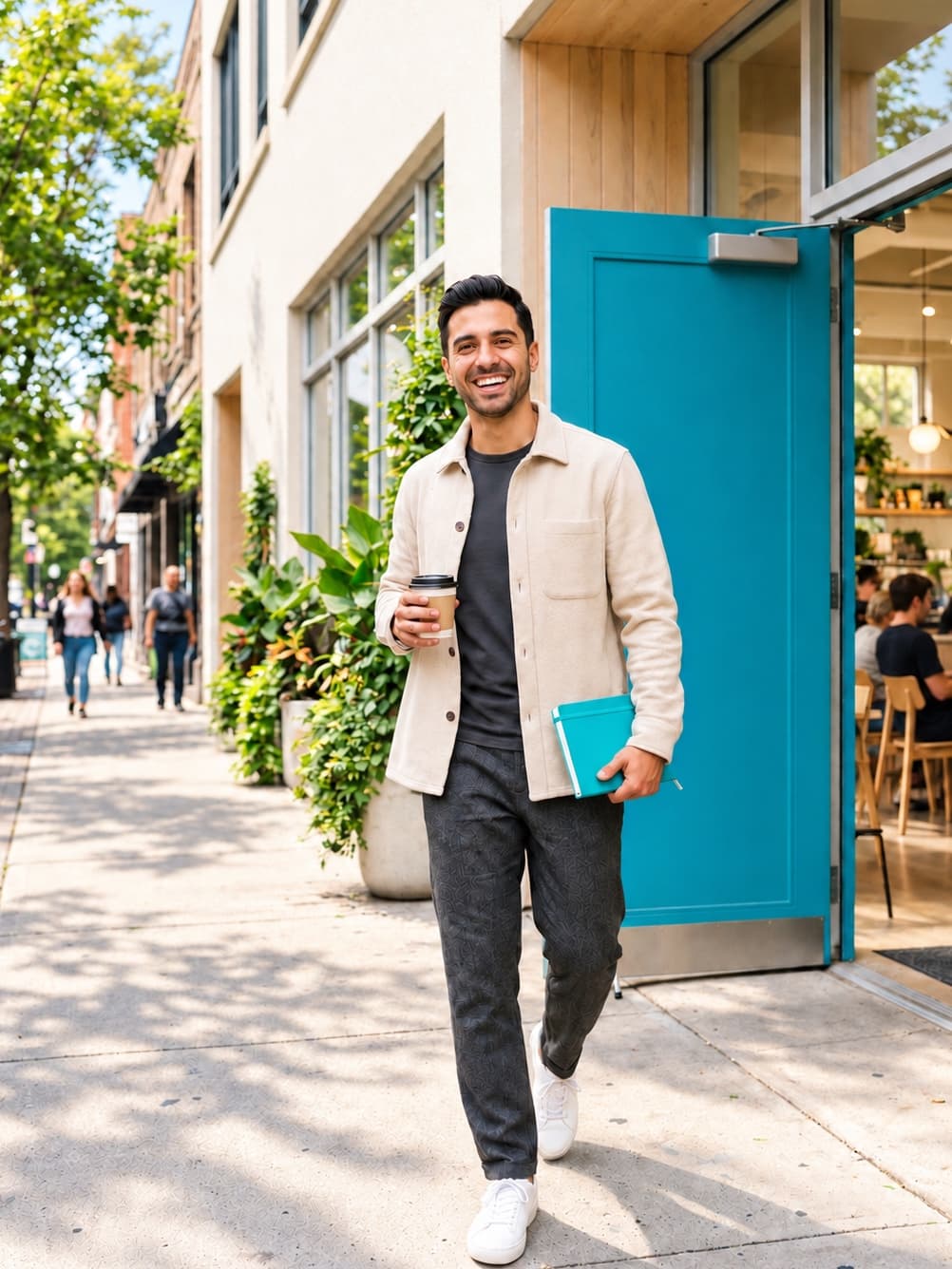 A person walking along a sunlit street, holding a coffee and a folder, stepping out through the turquoise door of a café.